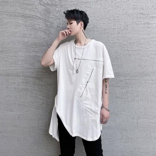 Summer dress dark black ins personalized zipper decoration Korean men loose Casual Short Sleeve T-Shirt hairstylist T-shirt fash