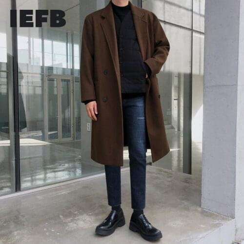 IEFB Mens Woollen Coat Middle Long Autumn Winter New Thickened Tweed Trend Youth Hidden Thread Patch Bag Slim Pop Windbreaker