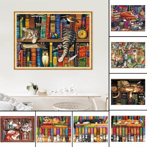 5D DIY Full Drill Square Diamond Embroidery Animals Cat Book Painting Cross Stitch Kits Mosaic Art Picture of Rhinestones Decor