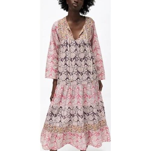 New ladies floral print dress bohemian long dress long sleeve baggy holiday dress