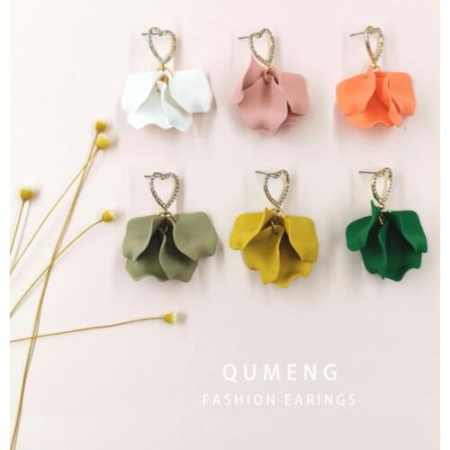 QUMENG Cute Heart earrings new Korean Style Spray Paint Flower Petal Earrings For Women Jewelry Elegant Sweet