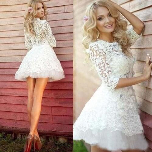 2021 On Sale Sexy Ivory Lace Wedding Dresses for Bride Mini Length with 3/4 Sleeves Bridal Wedding Gowns Short Illusion Back