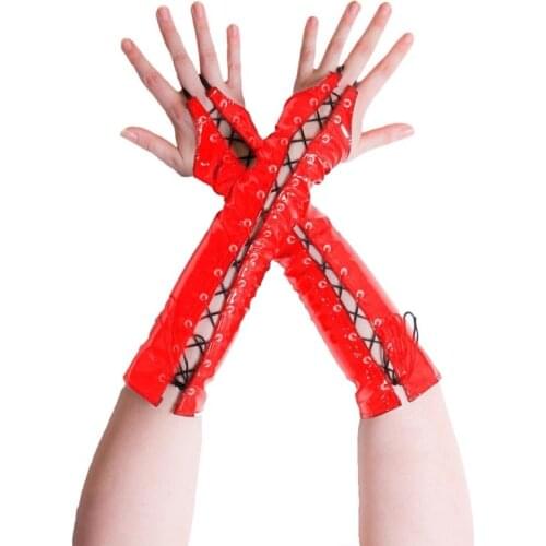 Sexy Bandage PU Leather PVC Vinyl Wet Look Glossy Up to Elbow Lace Up Fingerless Gloves Night Club Pole Dance DS Costumes
