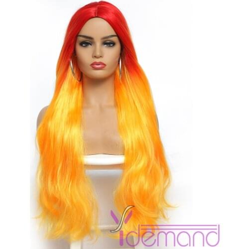Super Long Ombre Orange Synthetic Hair Wigs For Women Middle Part BodyWavy Cosplay Wigs Heat Resistant Natural Hair Wig