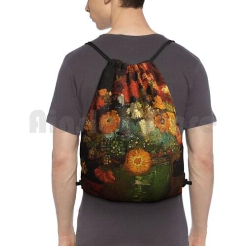 Vase With Zinnias By Van Gogh. Vintage Floral Oil Painting Fine Art. Backpack Drawstring Bags Gym Bag Waterproof Vase