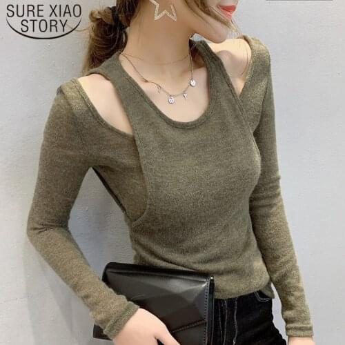 Autumn Winter 2021 Double-shouldered Long Sleeve Women Shirts Solid Round Collar Hollow Slim Streetwear Women Blouses 7305 50