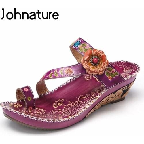 Johnature Women Slippers Genuine Leather Hand-painted Women Shoes 2020 New Summer Slides Flower Wedges Handmade Ladies Slippers