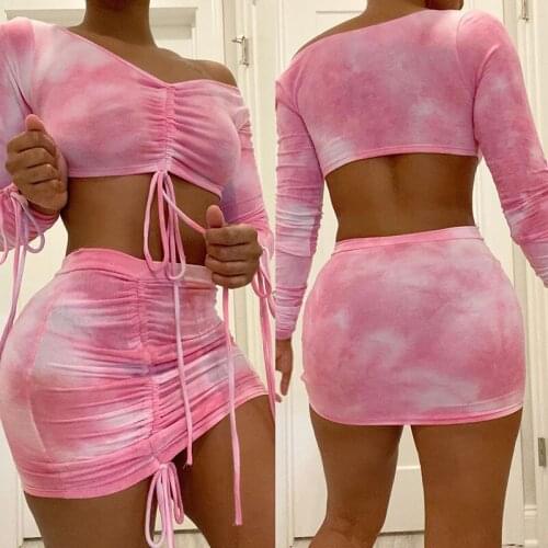 Sexy Women Pink Two-Piece Sets Tie-dye Print Long Sleeve Bandage Top+Chic Skirts Matching Elegant Suit Slim Clubwear Streetwear