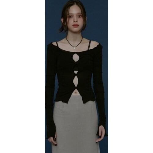 Woman Sexy Solid Top Long Sleeve O-Neck T-Shirt Lady Solid Color Spring Fashion Slim Off Shoulder Hollow Out Split Base Shirt