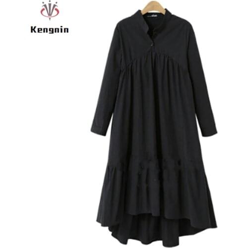 2021 Spring Plus Size 4XL Women Dress European Style Long Sleeve Linen Cotton Vestidos Stand Loose Asymmetrical Robe Dress KE136