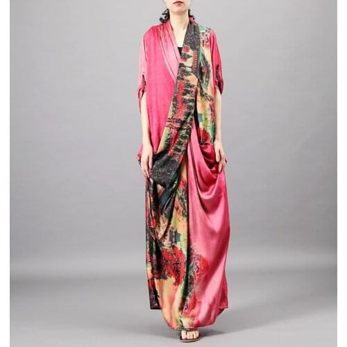 Women Summer Print Patchwork V neck Dress Ladies Fashion Patchwork Elegant Dress Female Cross Silk Dress 2019 Silk Thin Dress