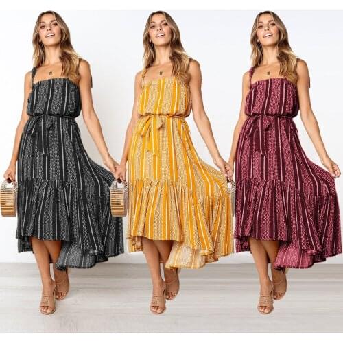 Dress Women Summer New Printed With shoulder-straps Beach Before After Long Ruffled Stripe Dresses Casual Vestidos SLFG3529