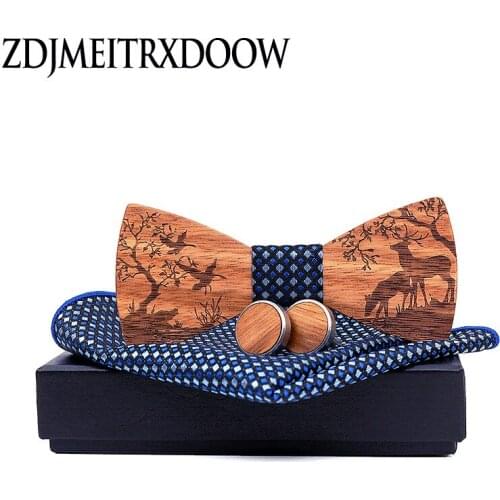 Fashion Handmade wooden Hollow out Christmas deer bow tie Distinctive bow tie/Cufflinks for party wedding 1set