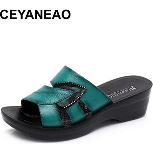 CEYANEAO2018 New Hot Sale Women Summer Slip On Leather Open Toe Slippers WomanFlip Flops Wedges Platform Ladies Beach ShoesE982