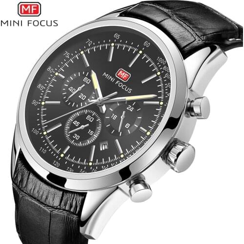 MINI FOCUS Army Watch Quartz Sports Male Clock Waterproof Chronograph Date Display Casual Dress Leather Strap Wrist Watches