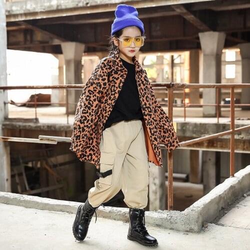 Kids Hip Hop Clothing For Girls Leopard Shirt Khaki Hip-Hop Pants Loose Street Wear Jazz Show Stage Costumes Rave Clothes BL5720
