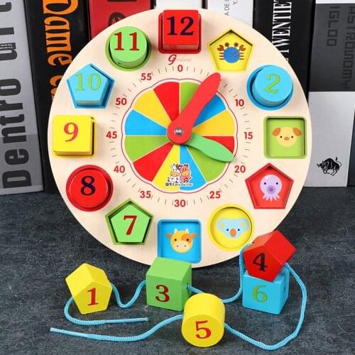 Childrens Clock Animal Rope Wearing Game Shape Digital Cognition Parent Child Interactive Game Wooden Toys Montessori Education
