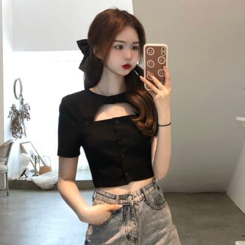 Design short black T-shirt womens summer 2021 new high-waist navel small shirt hollow short-sleeved top