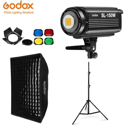 Godox SL-150W SL150W 5600K White Version LCD Panel Continuous LED Video Light + 70x100cm softbox + 2.8m Light Stand + Barn Door