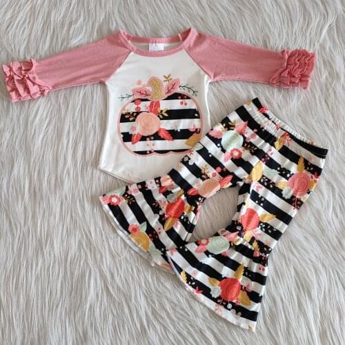 Thanksgiving Style Cotton Long Sleeve Pumpkin Top Stripe Bell-Bottom Pants Baby Girls Festival Clothing
