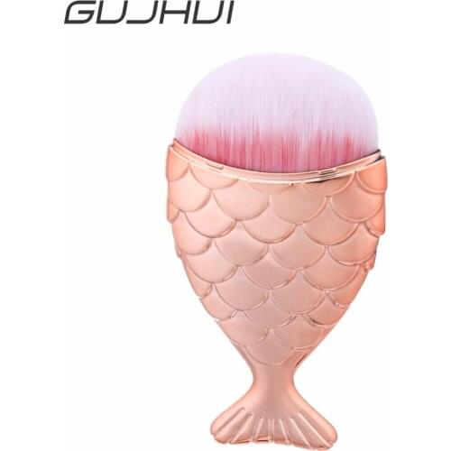 GUJHUI Makeup Brush 1Pcs Cosmetic Brush Beauty Rose Gold Handle Pink Hair Mermaid Powder Foundation Face Cheek Brush #240951