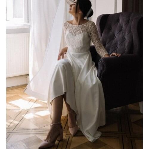 Lace O-Neck 3/4 Long Sleeve Bridal Dress Floor Length Bohemian Boho Beach Backless Wedding Dress Wedding Gown Bridal Gown