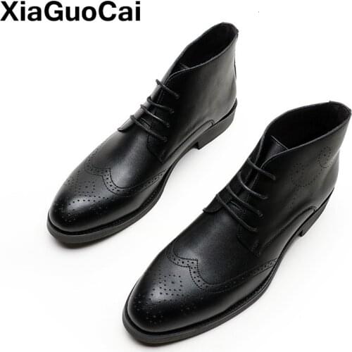 Men Martin Boots High Quality Brogue Dress Shoes High Top Black British Leather Ankle Boots Spring Autumn Luxury Mans Footwear