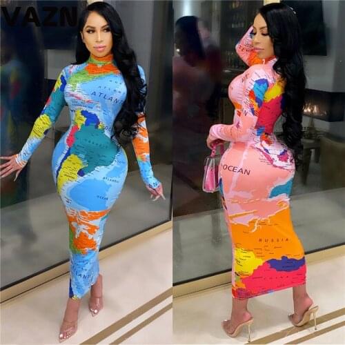 VAZN 2020 New Arrival Sexy 2 Color Mature Joker Vintage Patchwork Fancy Turtleneck Full Sleeve Women Thin High Waist Maxi Dress