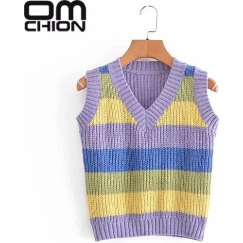 OMCHION Korean V-neck Striped Knitted Sweater Vest Fashion Loose Color Contrast Striped Knitted Top Women Casual Chic Waistcoat