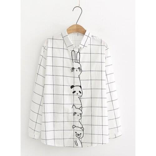 2019 Autumn Simple White Blouse Shirts Women Casual All Match Cartoon Embroidery Plaid Cotton Shirt Student Fresh Sweet Blusas