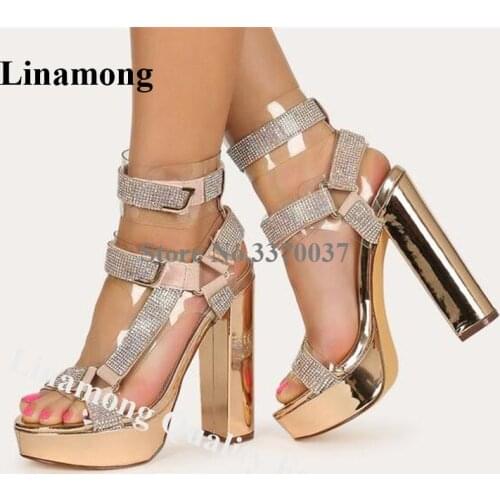 Linamong Luxurious PVC Open Toe Rhinestone Straps High Platform Chunky Heel Sandals Gold Black Crystal Buckles Heels Sandals