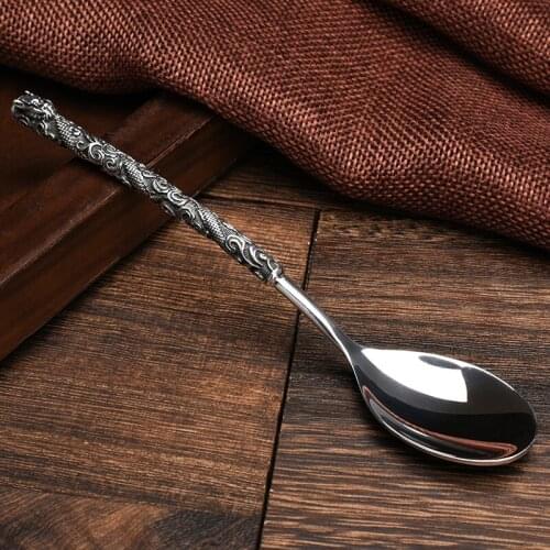 S999 Sterling Silver Tableware Chinese Dragon Totem Soup Spoon Kitchenware