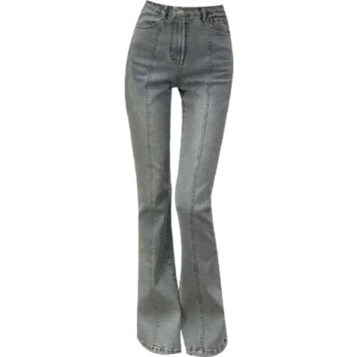 Vintage Gray Elastic Women Jeans Summer Sexy High Waist Flare Ankle Length Solid Club Style Female Clothing Top Quality