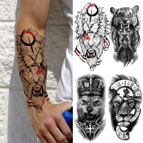 Lion King Devil Temporary Tattoos For Men Women Realistic Tiger Demon Compass Crown Fake Tattoo Water Transfer Body Art Tatoos