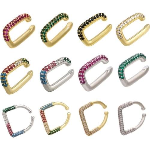 QMHJE 1 piece Ear Clip on Earring Cuff Rainbow CZ Gold Silver Color Women Earing Jewelry Non Pierced White Square Rectangle New