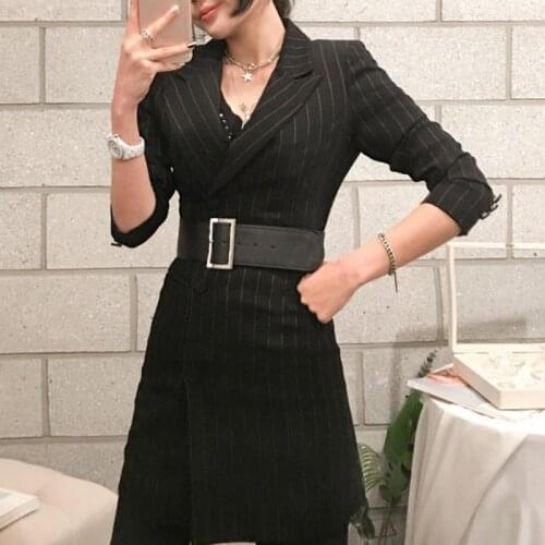 Office Lady Blazer Woman Clothes Autumn 2020 Black Stripes Notched Collar Long Sleeve Suits Jackets With Sashes Casual Clothing