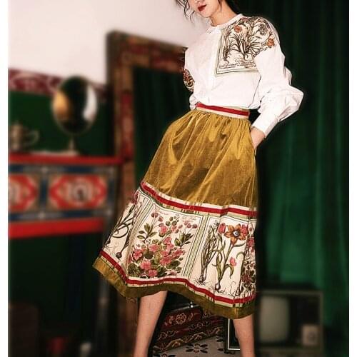 Designer Autumn Style Vintage Two Piece Set Women Chic Full Sleeve Blouse Women Shirts And Velvet High Waist Skirt Clothes SL273