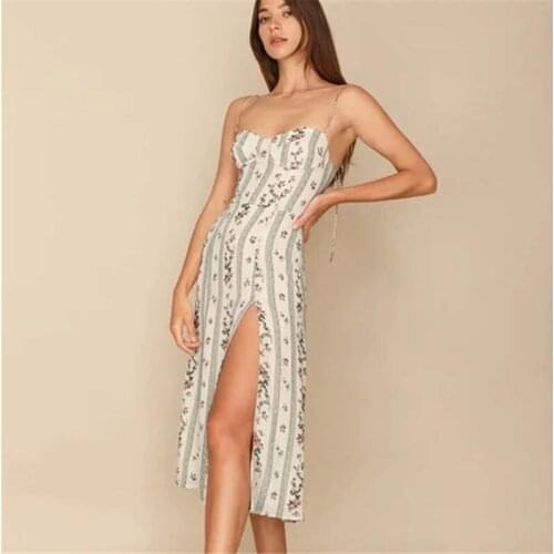 2021 New Spring Summer Retro Printed Dress Women Strapless Mid-calf Bohemian Chiffon Beach Dress Spaghetti Strap Split Dress