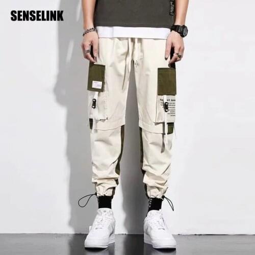 2021 Men Cargo Pants Hip Hop Pockets Track Ribbons Harem Joggers Pants Harajuku Tide Fashion Casual Cotton Streetwear Trousers