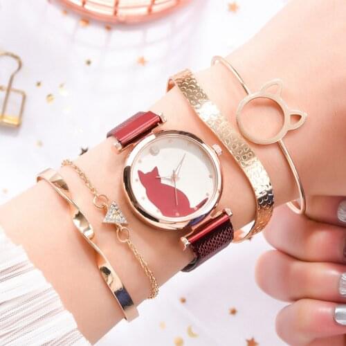 5Pcs/Set Womens Watches Chain Cuff Bracelet Bangle Female Wrist Band Jewelry