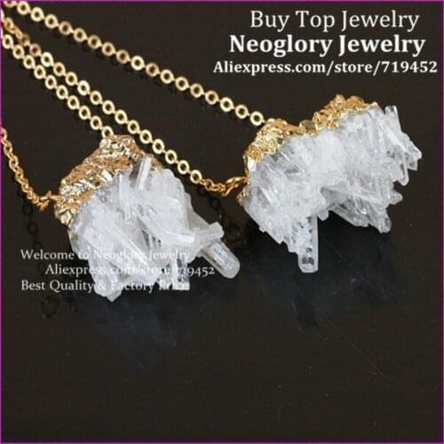 5pcs Gold Color Natural Clear Rock Crystal Quartz vug Cluster Druzy Pendant in Gold Brass Chain Drusy Quartz Pendant Necklace