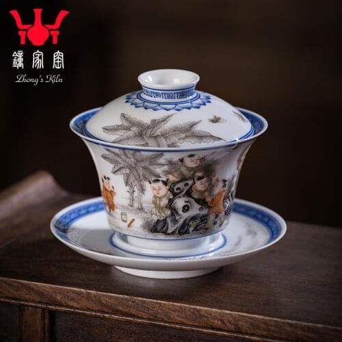 Jingdezhen ink painted gold childrens fun cover bowl tea cup Sancai cover bowl hand painted famille rose bowl single