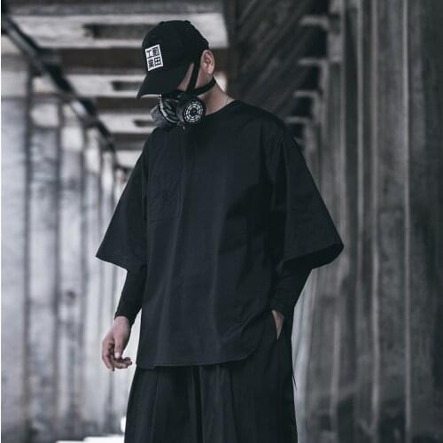 Japan Style Techwear Letter Embroidery Split Tops Tees Men Summer Hip Hop T-shirts Loose Casual Pullover Tshirts Male Streetwear