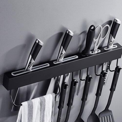 Punch-free black stainless steel kitchen rack wall-mounted knife holder hook rack hanging tool storage rack