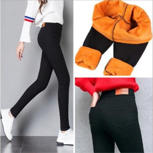 WKOUD Winter Pants Women Thick Warm Fitness Leggings Gold Fleeces Footless Leggings Female Skinny Black Legging Trousers P8496