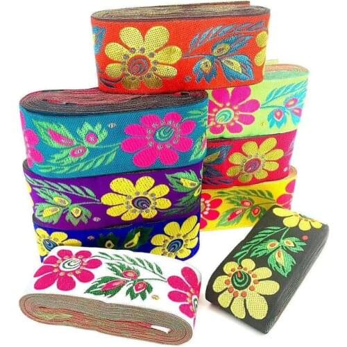 HOT NEW Gold thread Embroidery Flowers 50MMX8yard Woven Jacquard Ribbon Trims Design For Cuff Sofa Clothing Straps DIY Accessory