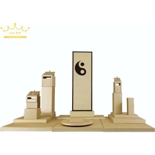 Fashion Gold PU Jewelry Counter Showcase Creative Wooden Bangle Necklace Ring Jewelry Display Organizer Floor Board Tower Tray