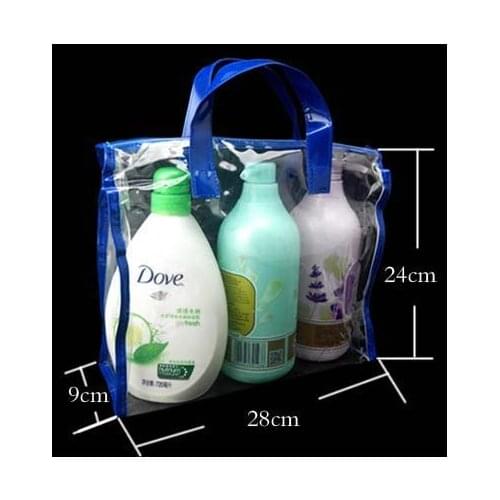 Wholesale size:28*24*9cm Fast free shipping.Blue edge clear pvc packing bag gift bag clear cosmetic bag, 100piece\lot