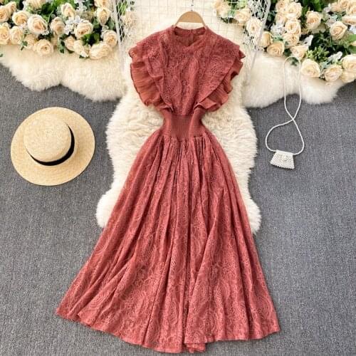 SINGREINY Women French Elegant Lace Dress O Neck Ruffle Hollow Backless A-line Dress Summer Elastic Ruched Streetwear Midi Dress