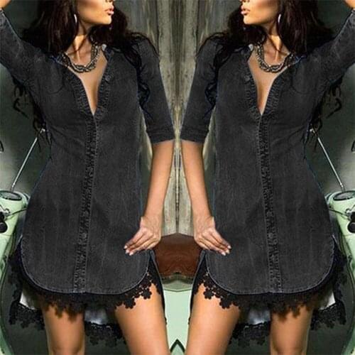 Sexy Deep V Neck Women Denim Dresses Trendy Five Point Sleeve Solid Shirt Dress Casual Slim Button Lace Split Mini Dress Cowgirl